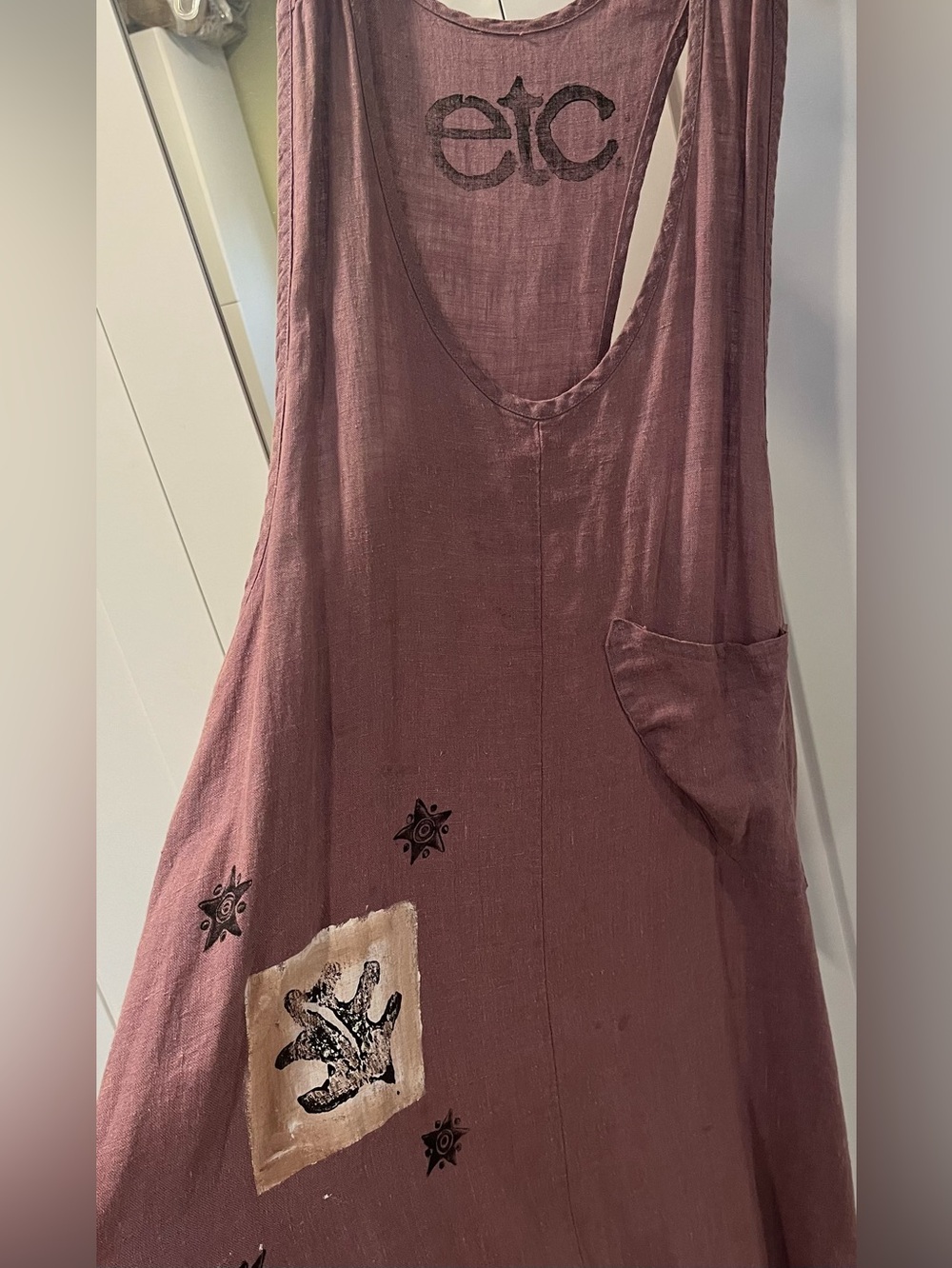 ETC *Vintage*LINEN Sleeveless MAXI dress/Jumper*Hand-Painted Design*purple Hues*